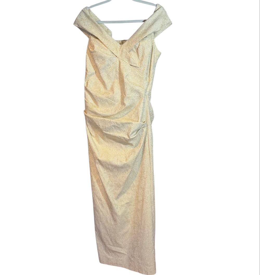 Ricki Freeman Teri John Jaquard Knit Side Ruched Gold Metallic Evening Gown 16